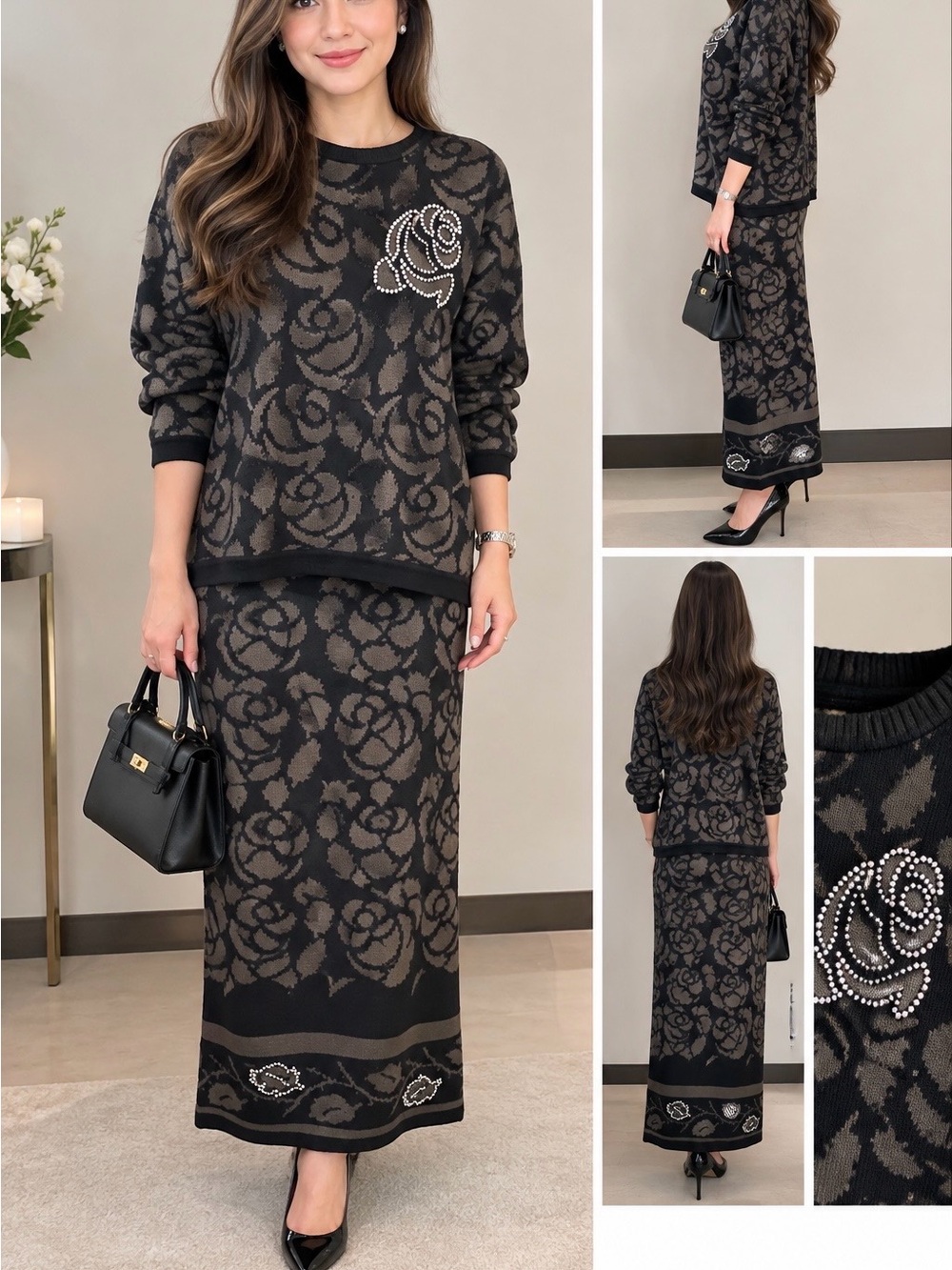 Elegant Black and Taupe Floral Knit Skirt Set - Women's Two-Piece